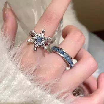 Кольцо со снежинкой из голубого циркония - 2025 г., регулируемый, высококачественный нишевый дизайн для женщин синий