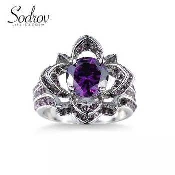 Кольцо SODROV с фиолетовым цирконом и цветком 6 фиолетовый