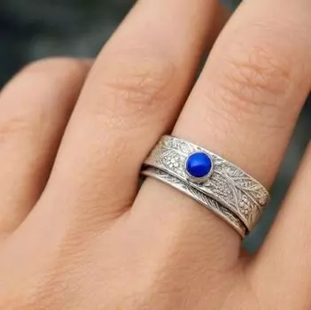 Кольцо-спиннер из стерлингового серебра 925 пробы с лазуритом, для медитации, ручной работы, дизайнерское, в богемном стиле, ювелирное украшение, свадебный подарок 6