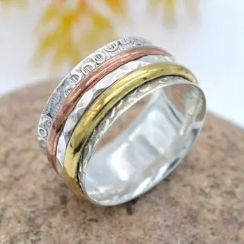 Кольцо-спиннер из стерлингового серебра 925 пробы с тремя оттенками, цветочное, ручная работа, латунь и медь, медитация 5