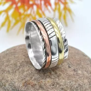 Кольцо-спиннер из стерлингового серебра 925 пробы, трехцветное кольцо из латуни и меди ручной работы из твердого серебра 925 пробы для медитации 5