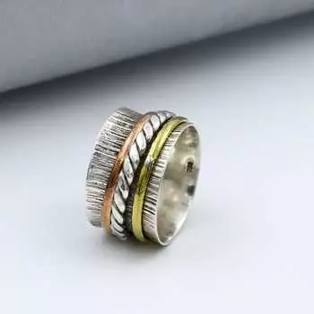 Кольцо-спиннер из стерлингового серебра 925 пробы, дизайнерское кольцо в стиле бохо, трехцветное кольцо, подарок на годовщину, серебряные украшения, модные украшения 6