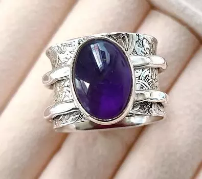 Кольцо-спиннер, Кольцо с драгоценным камнем с аметистом, Стерлинговое серебро 925 пробы, Кольцо для беспокойства, Кольцо-спиннер с аметистом, Женское кольцо в стиле бохо, Подарок для нее 4