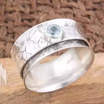 Кольцо Spinner с голубым топазом Стерлингового серебра 925 пробы Твердый синий камень Модные массивные кольца для женщин Идея подарка Ювелирные изделия с драгоценными камнями 5 синий