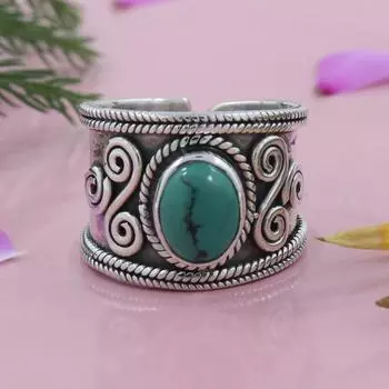 Кольцо-спиннер с тибетской бирюзой, регулируемое кольцо, эффектное кольцо, кольцо в стиле бохо, уникальный подарок для нее, кольцо унисекс, серебро 925 пробы 6