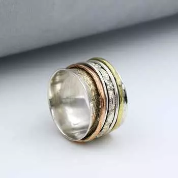 Кольцо-спиннер, трехцветное кольцо, дизайнерское кольцо, кольцо ручной работы, модные украшения, свадебный подарок, серебро 925 пробы 6