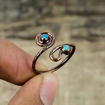 Кольцо «Спящая красавица» с бирюзой, медные гальванические украшения, регулируемое кольцо, кольцо ручной работы с драгоценным камнем, гальваническое медное кольцо, подарки для женщин