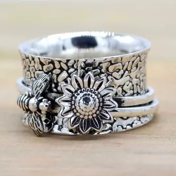 Кольцо Sunflower Bee 925 Silver Handmade Women Spinner Ring 4 серебряный