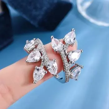 Кольцо Superflash Zircon Leaf Open Diamond Ring Simple Design Sense в японском и корейском стиле для пожилого банкета 8 белый