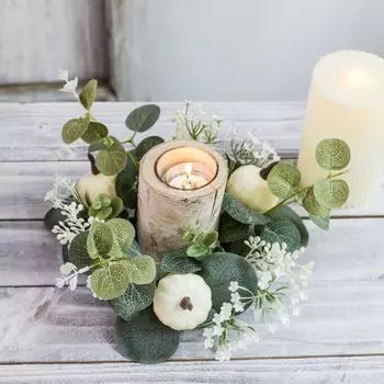 Кольцо-свеча в виде искусственной тыквы, цветочный венок, украшение на стол, кольцо-свеча в виде столба из искусственного цветка