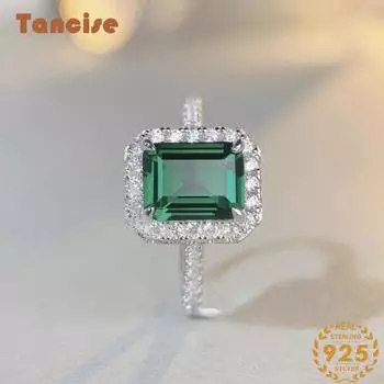 Кольцо Tancision S925 из стерлингового серебра 3 карата 7*9 изумрудной огранки с высокоуглеродистым бриллиантом 5 зелёный