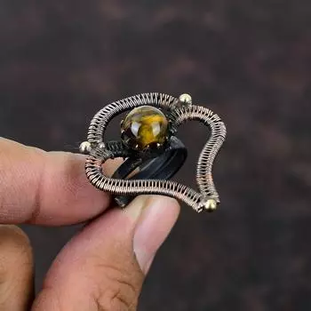 Кольцо «Тигровый глаз» Кольцо из медной проволоки Регулируемое кольцо Дизайнерское кольцо ручной работы Оригинальные кольца с драгоценными камнями Медная проволока Ювелирные изделия Подарок для матери