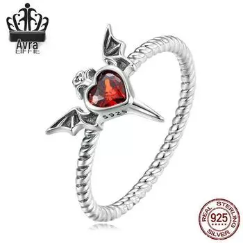 Кольцо-твист из стерлингового серебра S925 «Темные крылья» с красным цирконом в форме сердца US Size 9