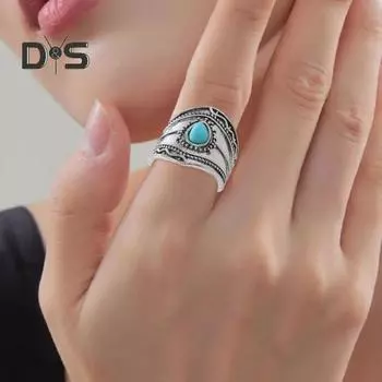 Кольцо унисекс из искусственной бирюзы, широкое, в стиле ретро, этническое, изогнутое, ручной работы, полированное, сплав, для вечеринок, повседневной носки, для взрослых, ювелирные украшения на палец античный серебряного