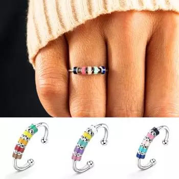 Кольцо унисекс, вращающиеся бусины, облегчение тревоги, кольцо из нержавеющей стали, многоцветное капающее масло синий