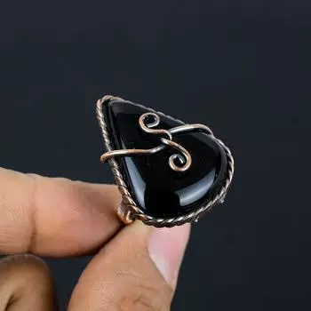 Кольцо ювелирных изделий черной драгоценной камня оникса обернутое медной проволокой Хандмаде для женщины 4 чёрный