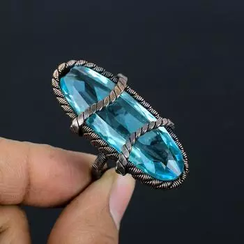 Кольцо ювелирных изделий голубого драгоценного камня топаза обернутое медной проволокой Хандмаде для свадебного подарка 4 синий