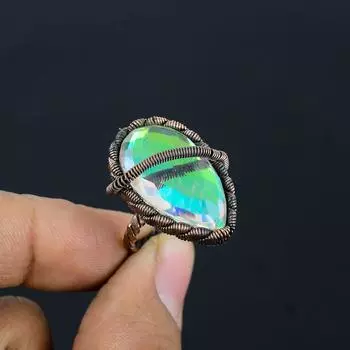Кольцо ювелирных изделий мистической драгоценной камня топаза обернутое медной проволокой Хандмаде для подарка 4 зелёный