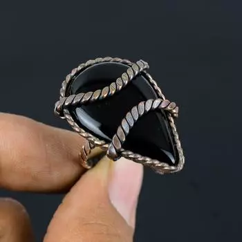 Кольцо ювелирных изделий ручной работы с медной проволокой из драгоценного камня черного оникса для нее 4 чёрный