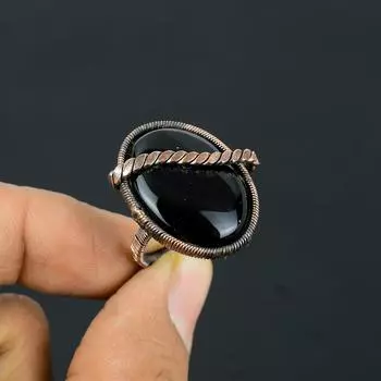 Кольцо ювелирных изделий ручной работы с медной проволокой из драгоценного камня черного оникса для нее 4 чёрный