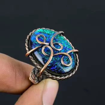 Кольцо ювелирных изделий ручной работы с австралийским тройным опалом и медной проволокой, обернутое для нее 4 синий