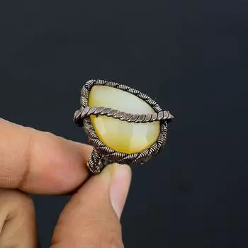 Кольцо ювелирных изделий желтой драгоценной камня халцедона обернутое медной проволокой Хандмаде для нее 4 жёлтый