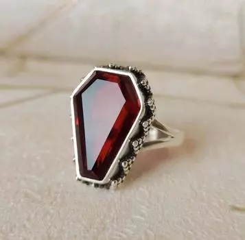 Кольцо в форме гроба с гранатом, кольцо ручной работы, серебряное кольцо, кольцо из стерлингового серебра 925 пробы, кольцо в стиле бохо, кольцо с драгоценными камнями 15X20 мм, кольцо в форме гроба, подарок для нее Us 6 красный