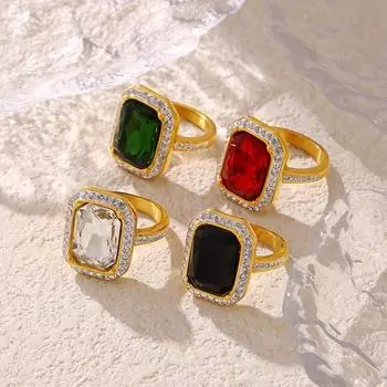 Кольцо в форме прямоугольника с инкрустацией крупными бриллиантами, роскошное кольцо в стиле суда из титановой стали с покрытием из 18-каратного золота No. 6