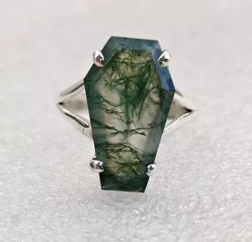 Кольцо в гробу, кольцо с моховым агатом, кольцо из стерлингового серебра 925 пробы, кольцо в стиле бохо, ювелирные изделия ручной работы, кольцо с драгоценным камнем в виде гроба с моховым агатом, подарок для нее 4