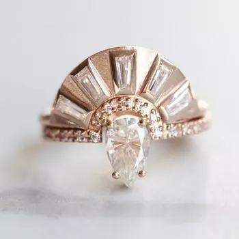 Кольцо в итальянском ретро-стиле, матовое, розовое золото, женское, парное, с инкрустацией цирконием, ювелирное украшение No. 6