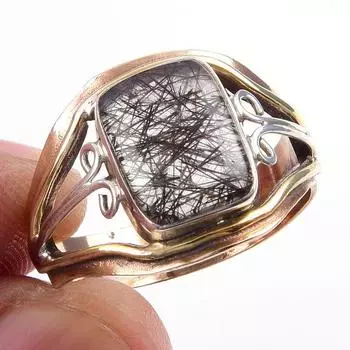 Кольцо в подарок из двухцветного серебра 925 пробы с натуральным черным рутиловым камнем S.10 d3Z57