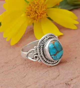 Кольцо в стиле бохо с синим медно-бирюзовым драгоценным камнем, созданное в лаборатории, кольцо из стерлингового серебра 925 пробы, кольцо в стиле бохо 6