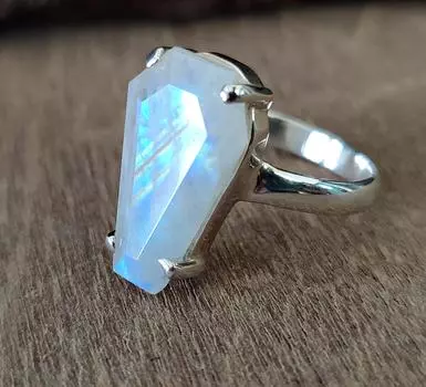 Кольцо в виде гроба, кольцо из цельного серебра 925 пробы с радужным лунным камнем, ювелирные изделия из драгоценных камней, серебряное кольцо ручной работы, женское кольцо, подарок для нее 4.5