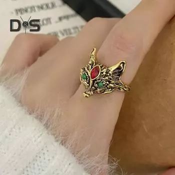 Кольцо в виде лисы в винтажном стиле, регулируемое открывающееся кольцо со стразами, полированное, для вечеринок и клубов, индивидуальное кольцо из сплава золотистый