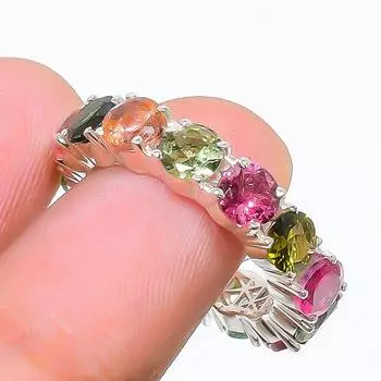 Кольцо вечности из стерлингового серебра 925 пробы с натуральным мультитурмалином, размер 7,5 США 7.75 US