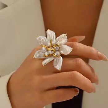 Кольцо Wind Lady Открытое кольцо с дизайном цветка и инкрустацией жемчужиной особой формы Кольцо для указательного пальца для женщин с высоким чувством стиля