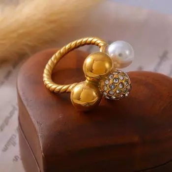 Кольцо Wind Multi-Ball Splicing с имитацией жемчуга и бриллиантами, персонализированное, легкое, роскошное, из титановой стали, покрытое настоящим золотом 18 карат No. 6