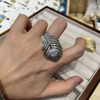Кольцо Xiaohongshu из настоящего золота с медным покрытием и бриллиантами 5A с перьями из циркона, роскошное женское открытое кольцо