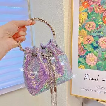 Кольцо женская сумка-ведро с пайетками Гуанчжоу модная цепочка с бахромой кошелек для ужина лавандовый