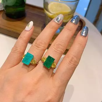 Кольцо «Знаменитость», микрокольцо с квадратным бриллиантом и крупным зеленым цирконом Ancestor, ювелирное изделие цвета «Параиба». Rectangle 8X12 изумрудный