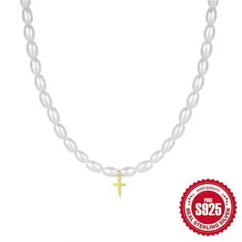 Колье-чокер из стерлингового серебра 925 пробы с французским мелким жемчугом, глянцевое колье с крестом для женщин, жемчужное колье 925 Silver золотой