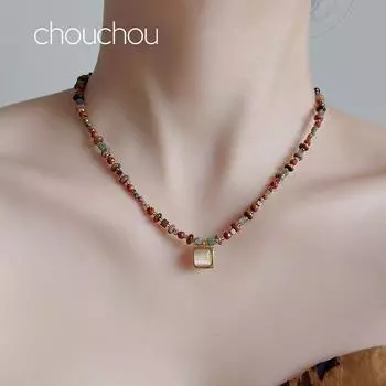 Колье Чокер Женский Натуральный Камень Тигровый Глаз Бижутерия в Бусинах Ретро Чувство Масляной Живописи Анкела Красный Чокер Осень Sugar (red stone + Tiger Eye)