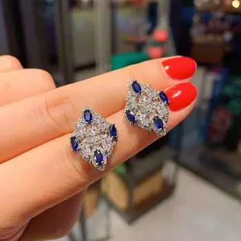 Колье из цветного драгоценного камня с бриллиантами из высокоуглеродистого камня, серьги-кольца, комплект из трех частей, подвеска из циркона, серьги-гвоздики из синего корунда