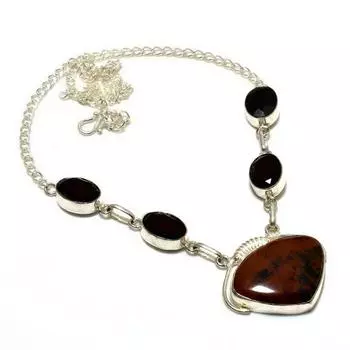 Колье из красного дерева, обсидиана, черной шпинели, посеребренного 925 пробы, 18 дюймов 18 коричневый