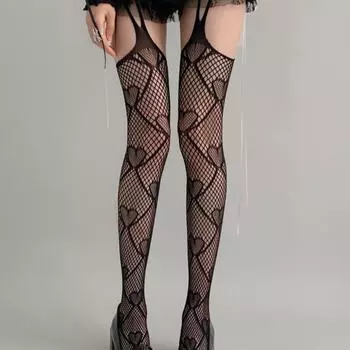 Колготки Mu Ruan Lace Fishnet Suspender - Sexy White Love Design, тонкие, черного шелка DD love чёрный
