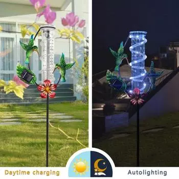 Колибри Дождемер со стеклянной трубкой, нержавеющая металлическая рама, солнечный дождемер со светодиодной подсветкой, декоративный дождемер для осадков в саду зелёный