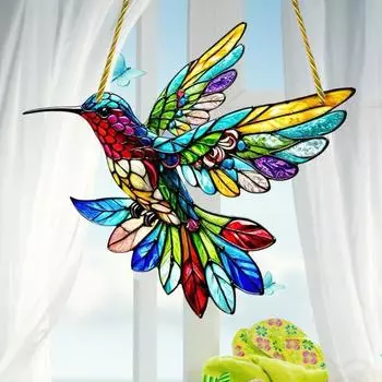 Колибри Украшение для ловца солнца в помещении и на открытом воздухе в саду Акриловое витражное стекло Красочные птицы-духи Настенное подвесное украшение для окна Подвеска-ловец солнца 20cm B