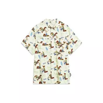 Коллаборация Li Ning x Disney, Полный принт с мультяшным узором, Однобортный, Квадратный вырез, Короткий рукав, Однотонный, Мужской топ, Молочно-белый ASHT203-1 M