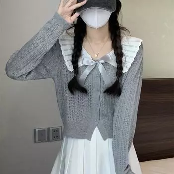 Колледж стиль контрастные цвета сращивание вязаные свитера серый топ женский однобортный кардиган осень тонкий круглый вырез бант короткий свитер куртка one size серый