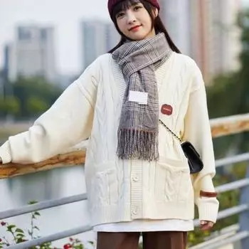 Колледж стиль льняной узор однотонный V-образный вырез кардиган свитер весна осень трикотажное пальто one size белый